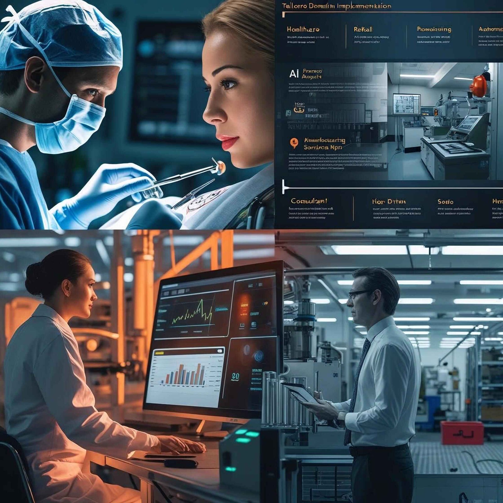 Industry-Specific AI Solutions are Tailored AI implementations for healthcare, finance, retail, manufacturing and professional services with deep domain expertise (AI Creative Image)